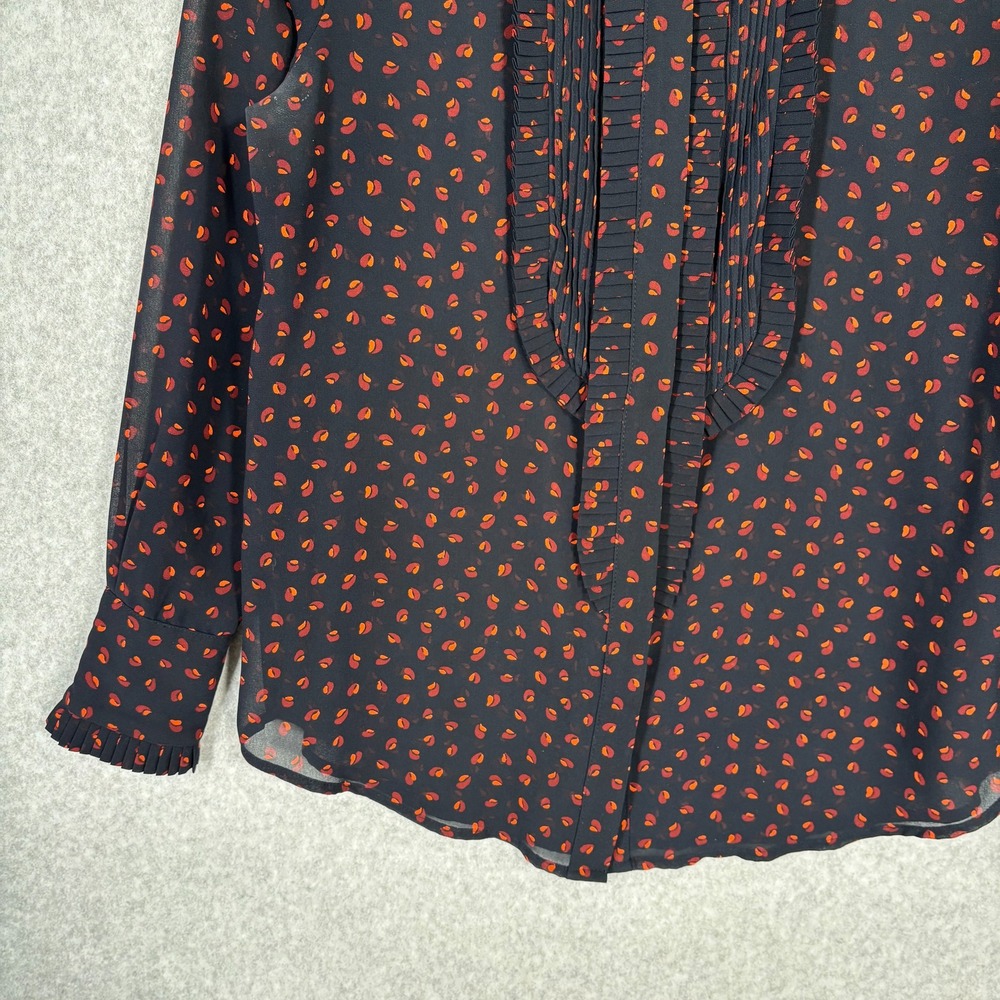 Ann Taylor Sheer Blouse XSP Navy Ruffle Tuxedo Dark Maximalist Feminine Romantic - Picture 3 of 11